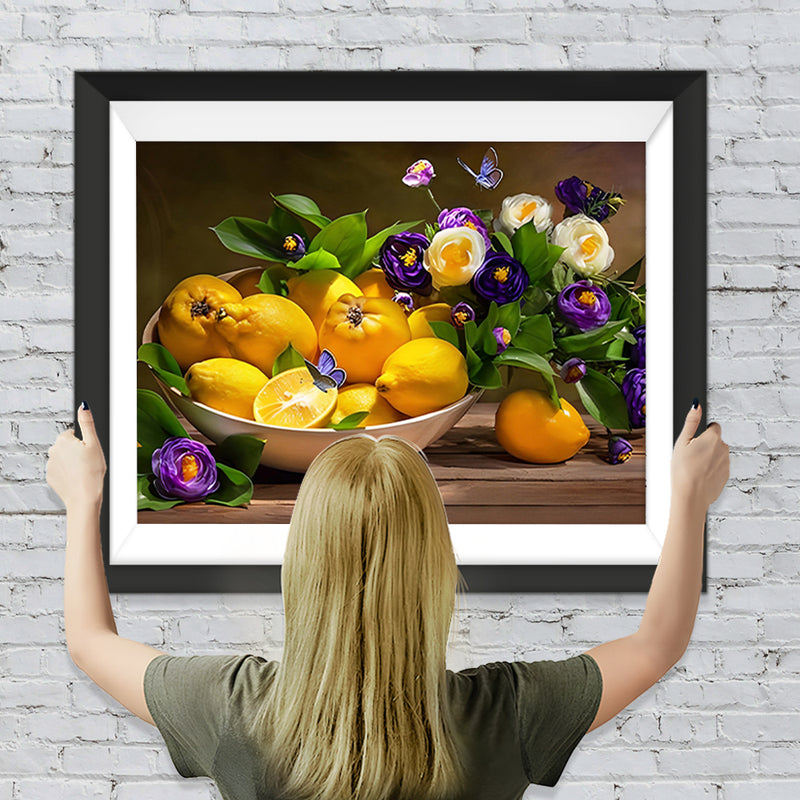 Zitronen und lila Blumen Diamond Painting