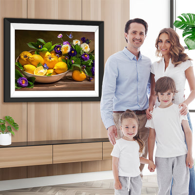 Zitronen und lila Blumen Diamond Painting