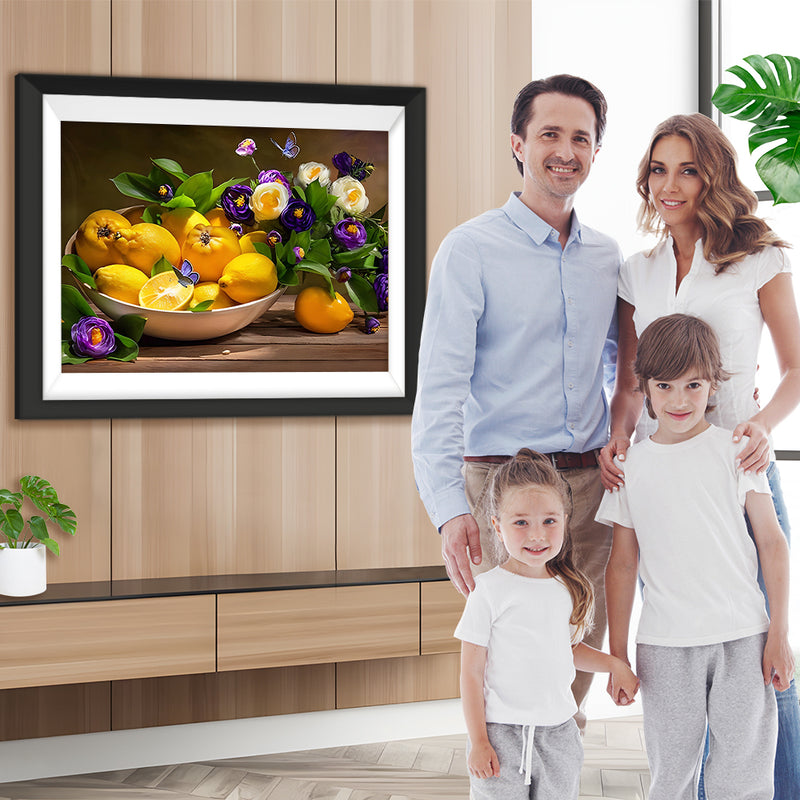 Zitronen und lila Blumen Diamond Painting