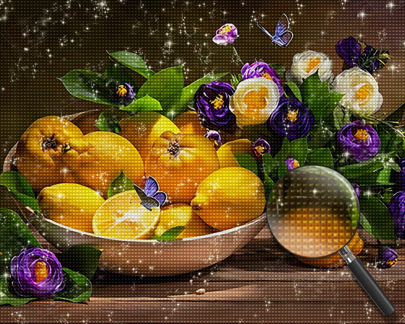 Zitronen und lila Blumen Diamond Painting