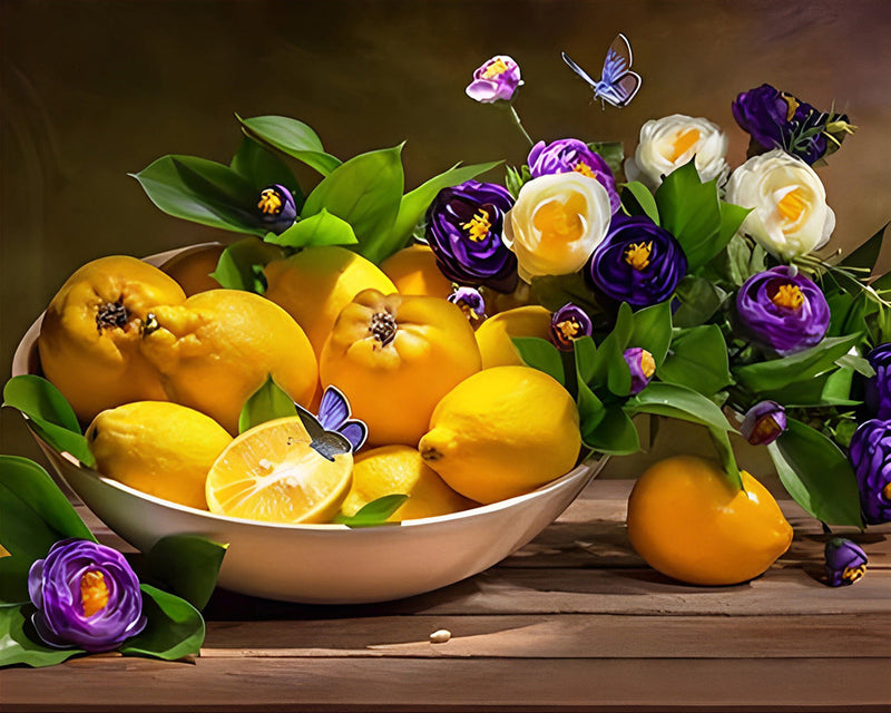 Zitronen und lila Blumen Diamond Painting