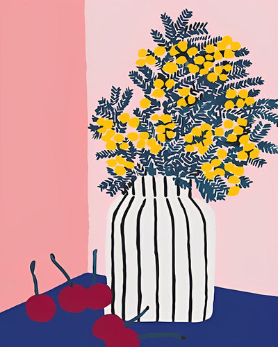 Zitronenbaum in Vase und rote Kirschen Diamond Painting