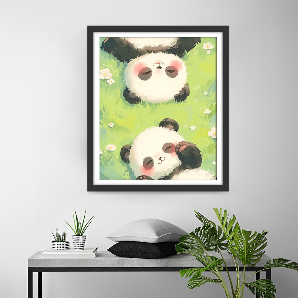 Zwei Baby-Pandas auf dem Gras liegend Diamond Painting