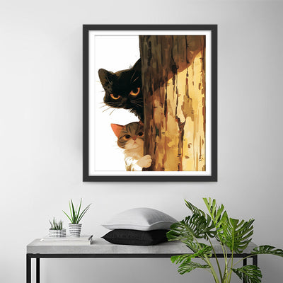 Zwei Katzen hinter einem Baum Diamond Painting