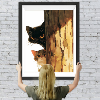 Zwei Katzen hinter einem Baum Diamond Painting