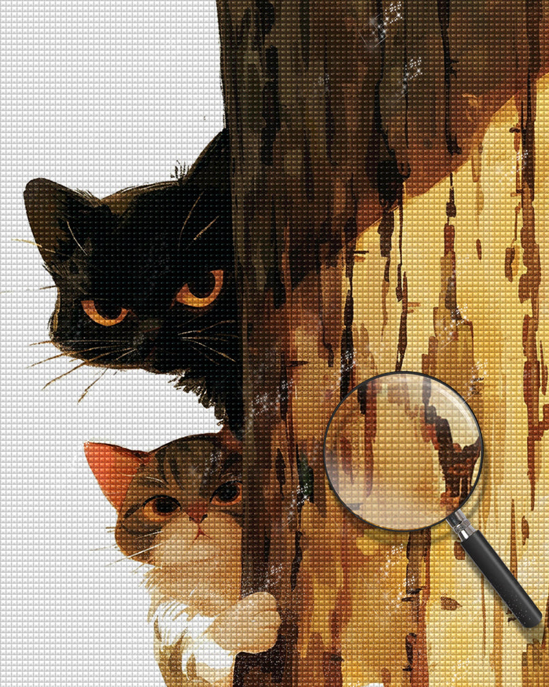 Zwei Katzen hinter einem Baum Diamond Painting