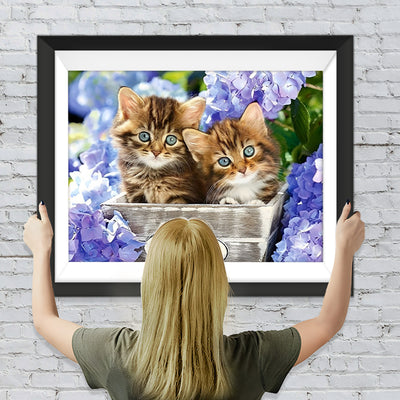 Zwei Katzen und blaue Hortensien Diamond Painting