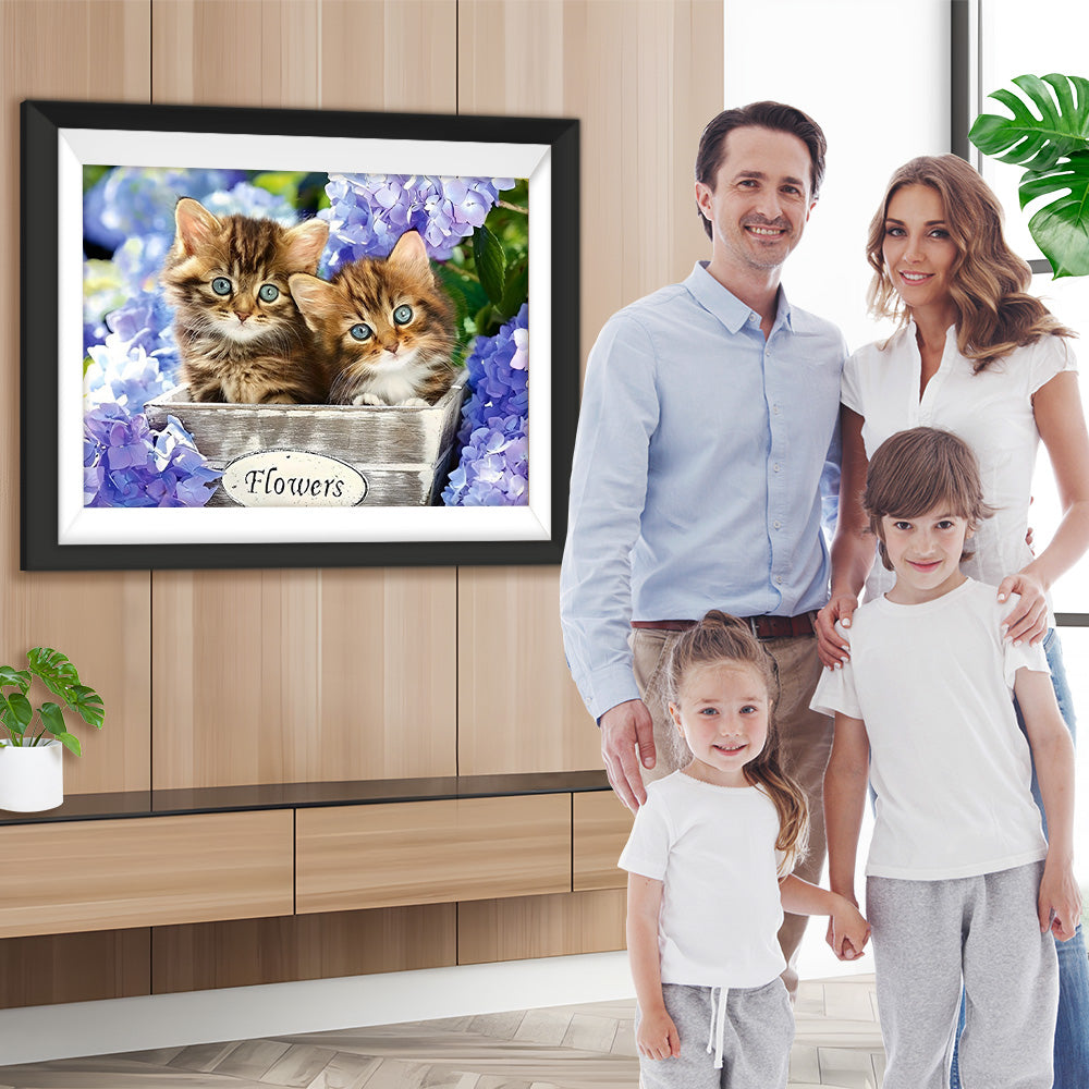 Zwei Katzen und blaue Hortensien Diamond Painting