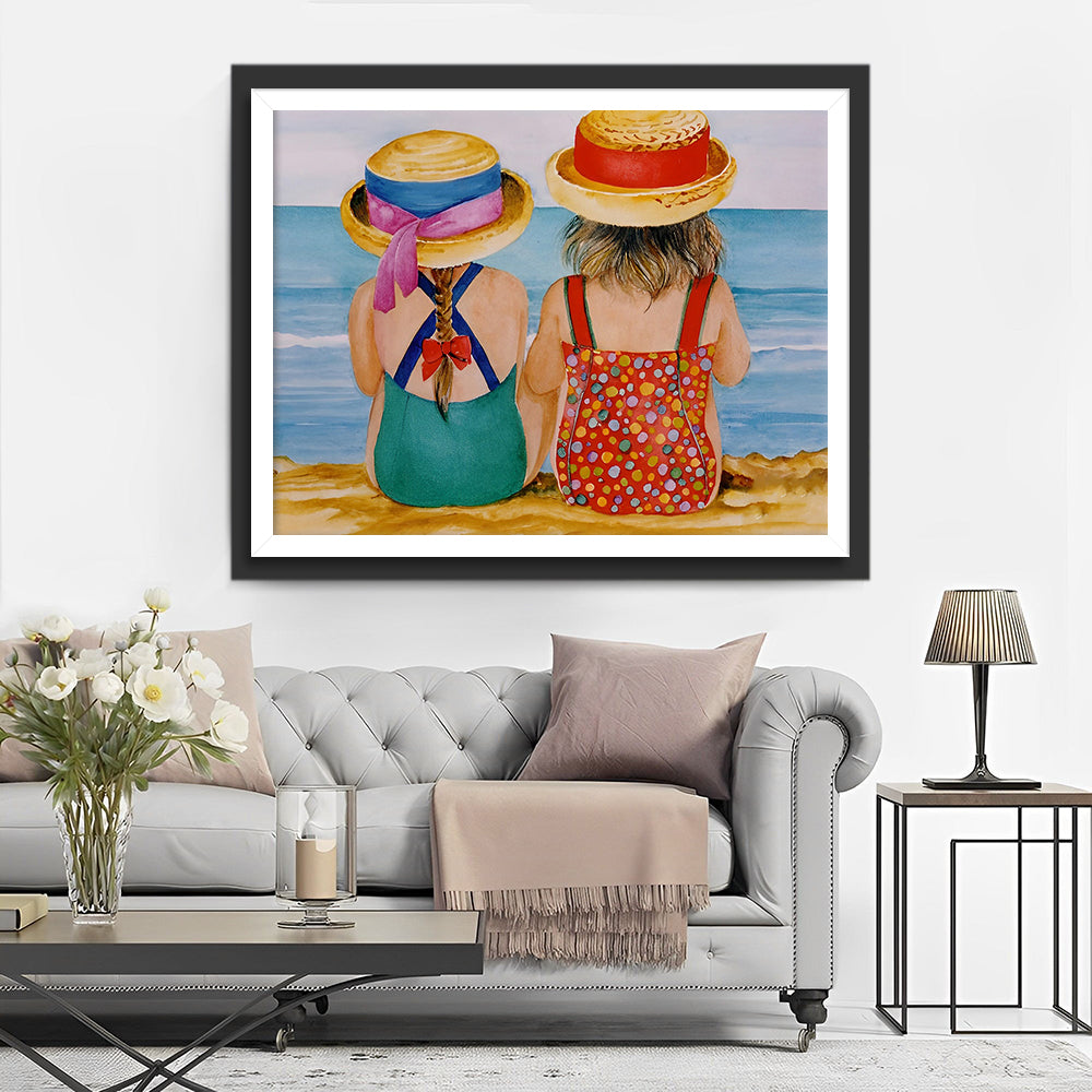 Zwei kleine Mädchen am Strand Diamond Painting