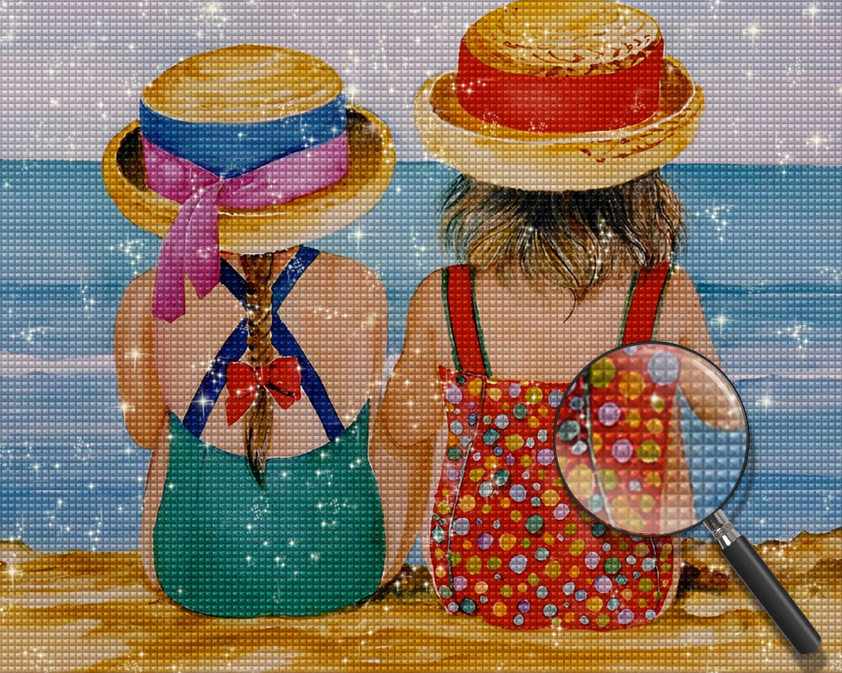 Zwei kleine Mädchen am Strand Diamond Painting