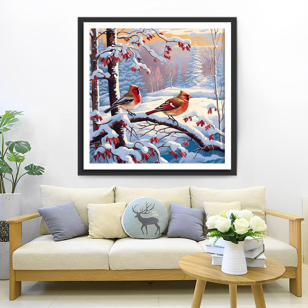 Zwei kleine Vögel auf einem verschneiten Zweig Diamond Painting