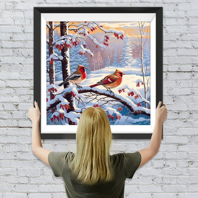 Zwei kleine Vögel auf einem verschneiten Zweig Diamond Painting