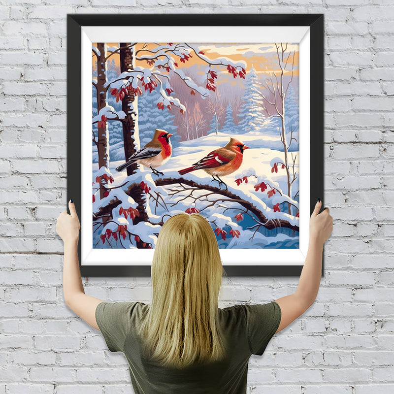 Zwei kleine Vögel auf einem verschneiten Zweig Diamond Painting