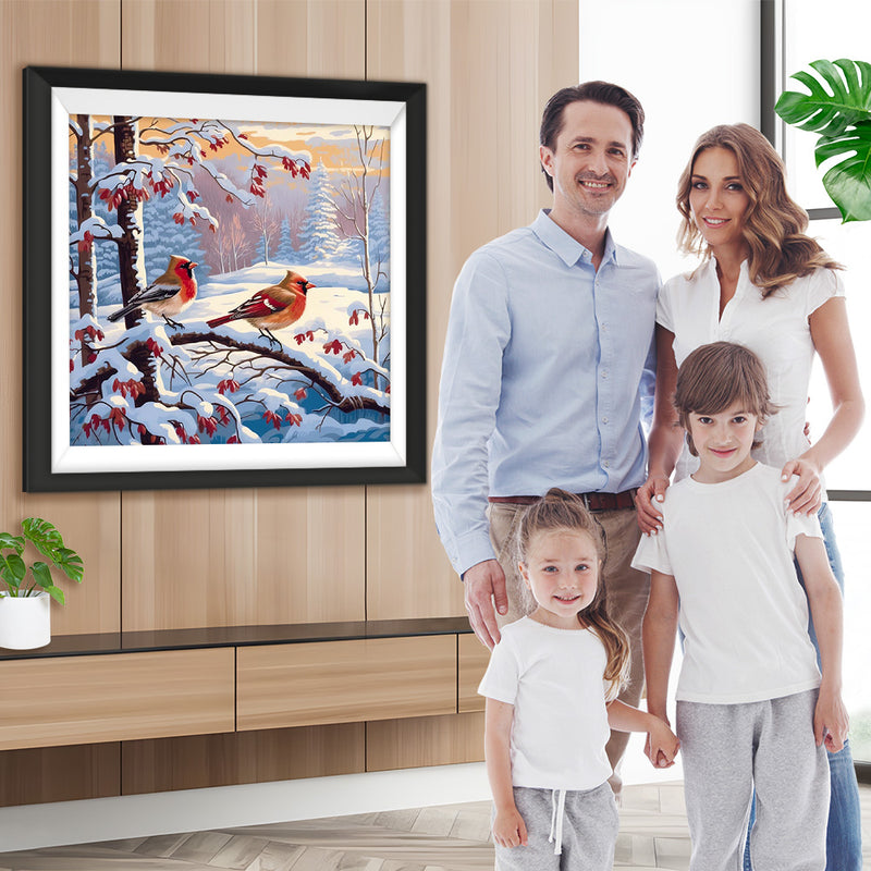 Zwei kleine Vögel auf einem verschneiten Zweig Diamond Painting
