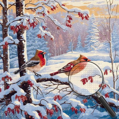 Zwei kleine Vögel auf einem verschneiten Zweig Diamond Painting