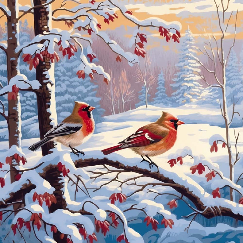 Zwei kleine Vögel auf einem verschneiten Zweig Diamond Painting
