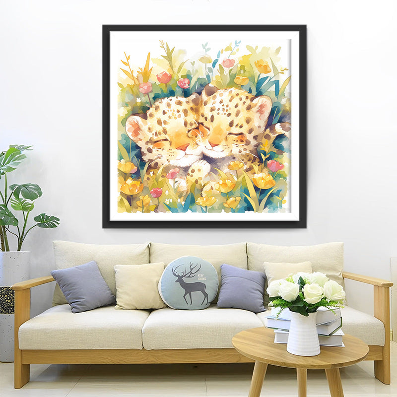 Zwei Niedliche Leoparden zwischen Blumen Diamond Painting