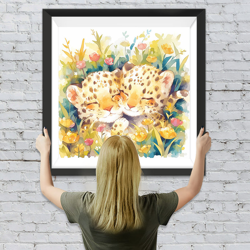 Zwei Niedliche Leoparden zwischen Blumen Diamond Painting