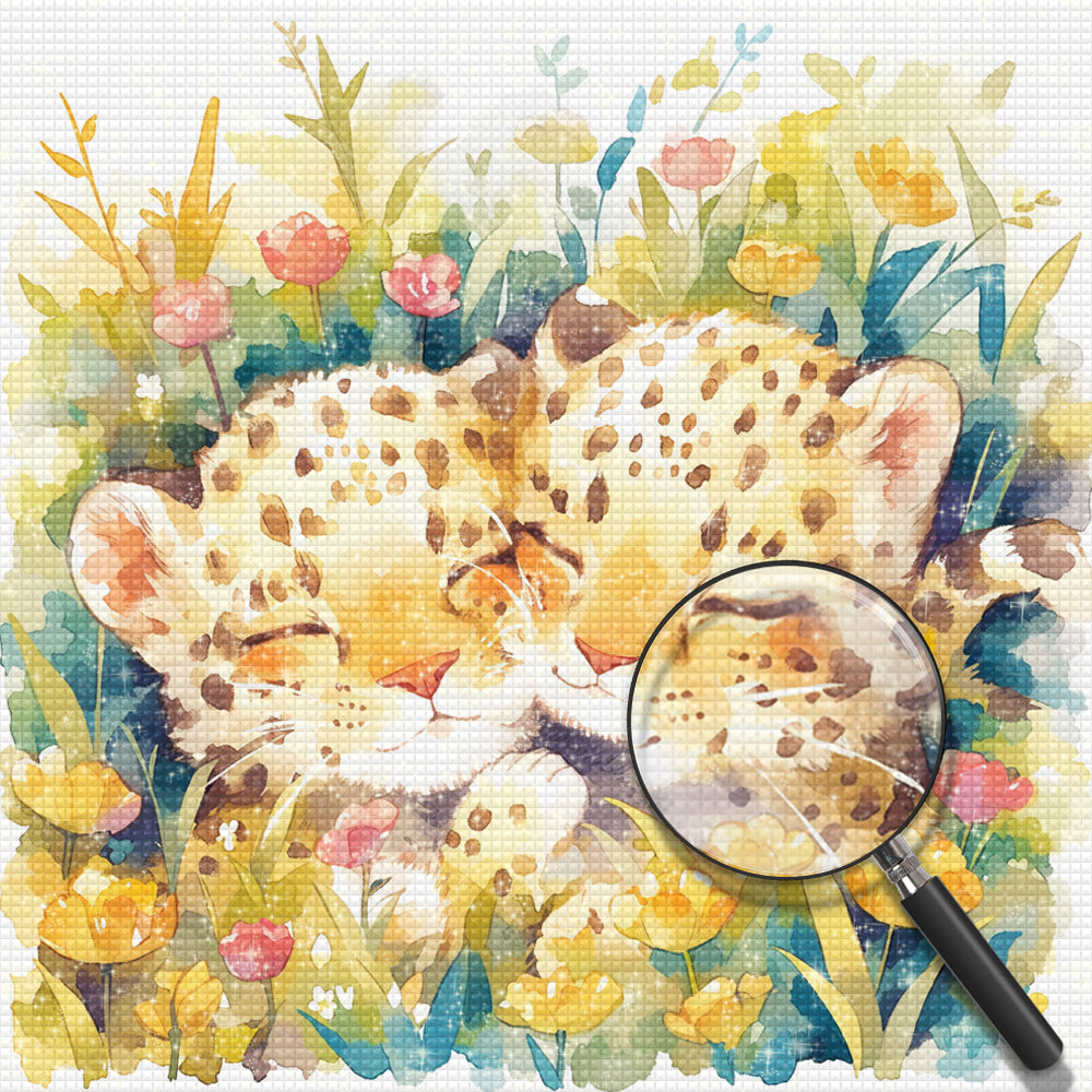 Zwei Niedliche Leoparden zwischen Blumen Diamond Painting