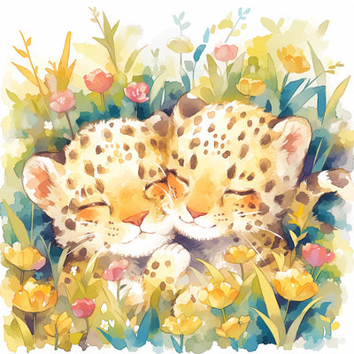 Zwei Niedliche Leoparden zwischen Blumen Diamond Painting