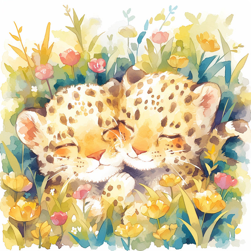 Zwei Niedliche Leoparden zwischen Blumen Diamond Painting