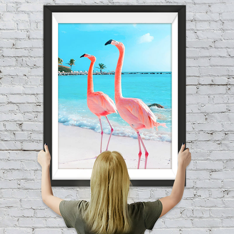 Zwei rosa Flamingos am Meer Diamond Painting