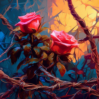 Zwei Rosen an toten Reben Diamond Painting