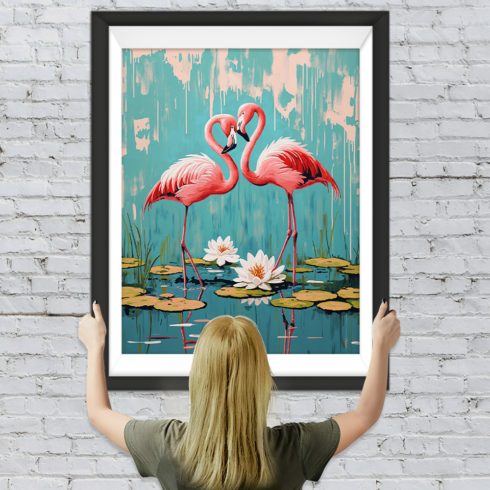 Zwei rote Flamingos im Lotus-Teich Diamond Painting
