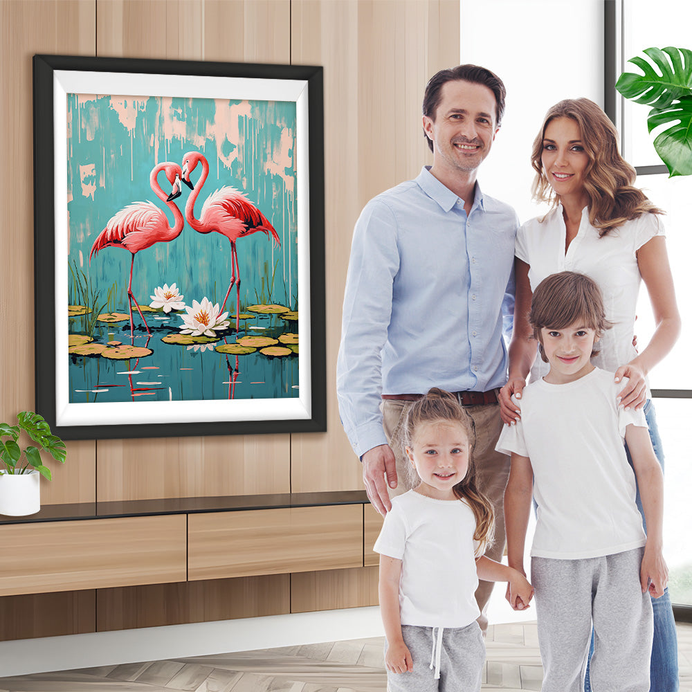 Zwei rote Flamingos im Lotus-Teich Diamond Painting