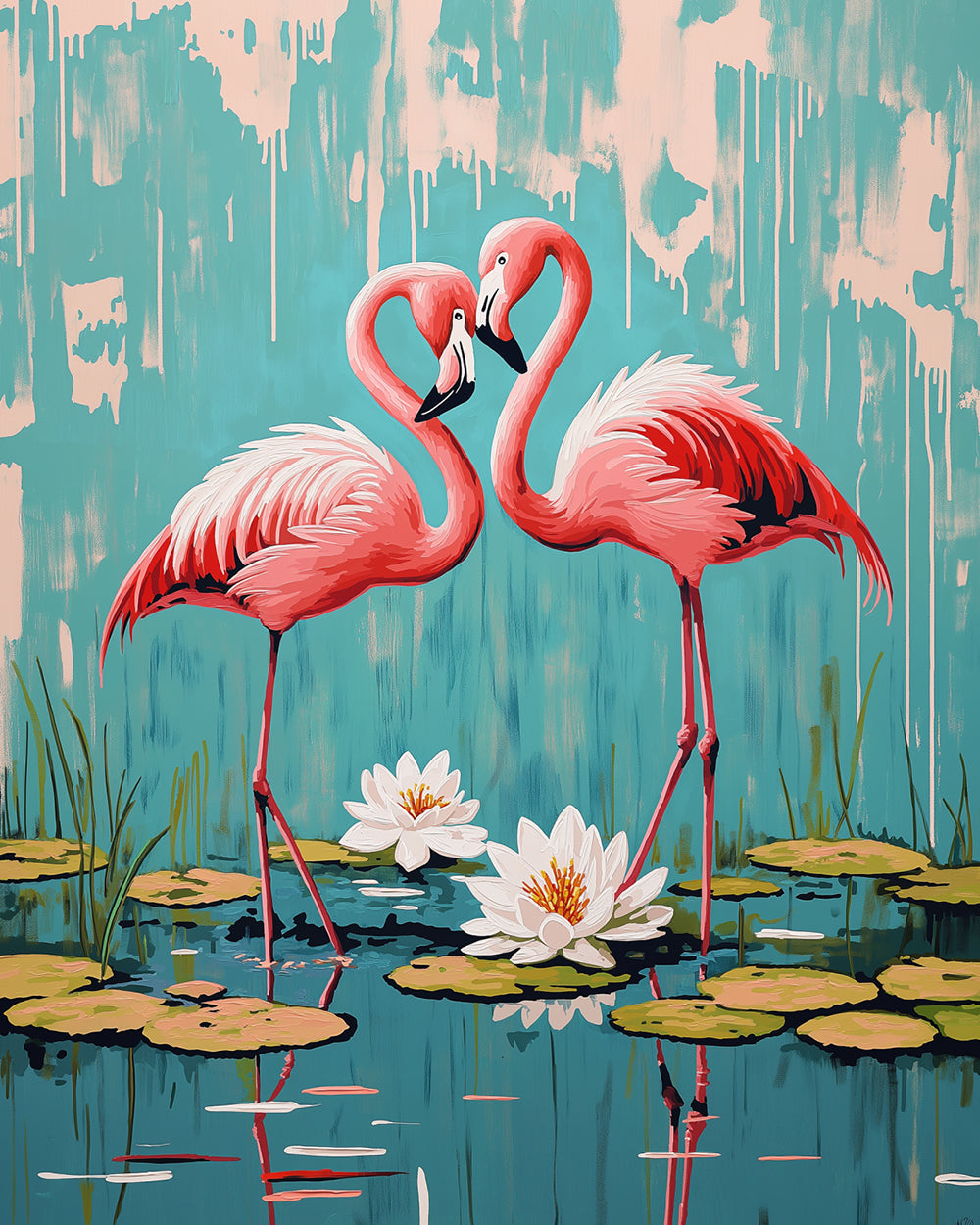 Zwei rote Flamingos im Lotus-Teich Diamond Painting