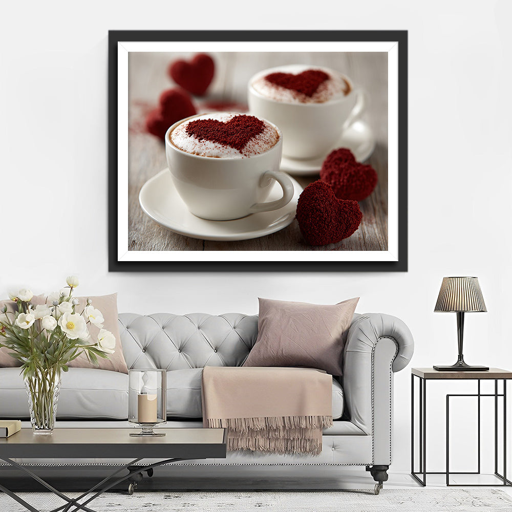 Zwei Tassen Kaffee mit herzförmigen Mustern verziert Diamond Painting