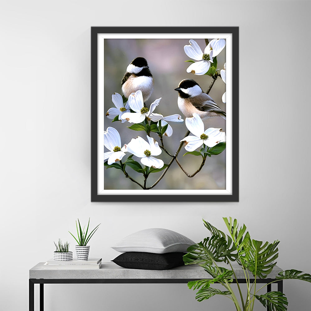 Zwei Vögel auf dem Zweig mit weißen Blumen Diamond Painting