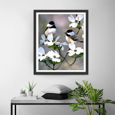 Zwei Vögel auf dem Zweig mit weißen Blumen Diamond Painting