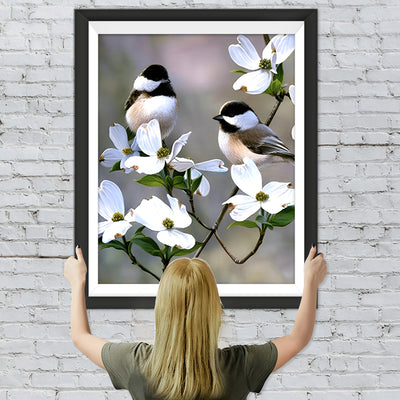 Zwei Vögel auf dem Zweig mit weißen Blumen Diamond Painting