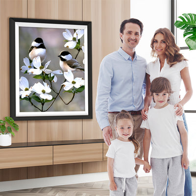 Zwei Vögel auf dem Zweig mit weißen Blumen Diamond Painting