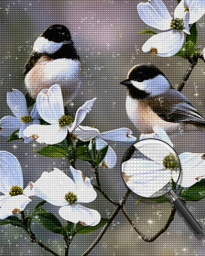 Zwei Vögel auf dem Zweig mit weißen Blumen Diamond Painting