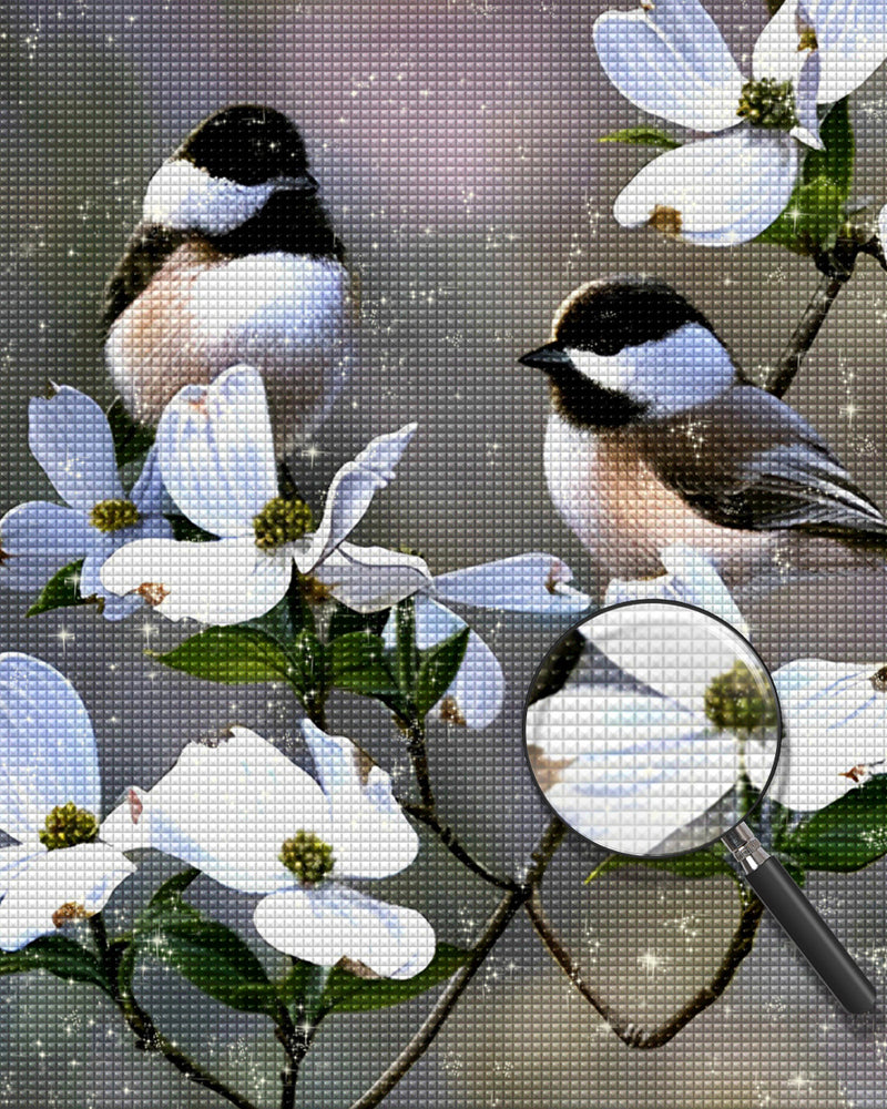 Zwei Vögel auf dem Zweig mit weißen Blumen Diamond Painting