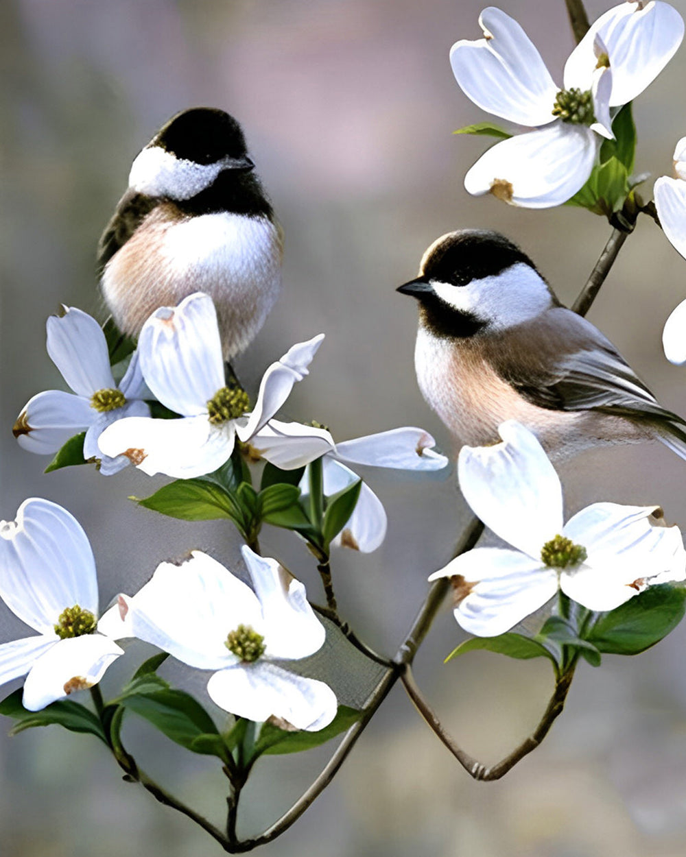 Zwei Vögel auf dem Zweig mit weißen Blumen Diamond Painting