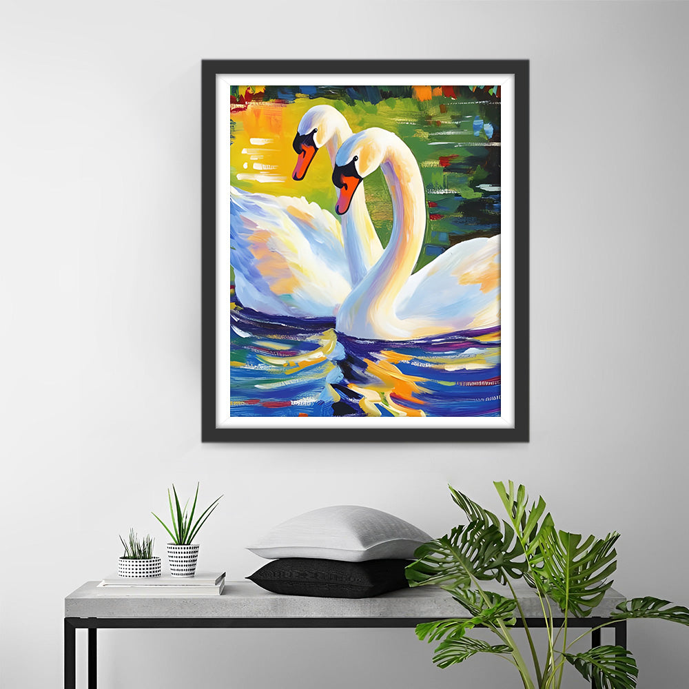 Zwei weiße Schwäne im Teich Diamond Painting