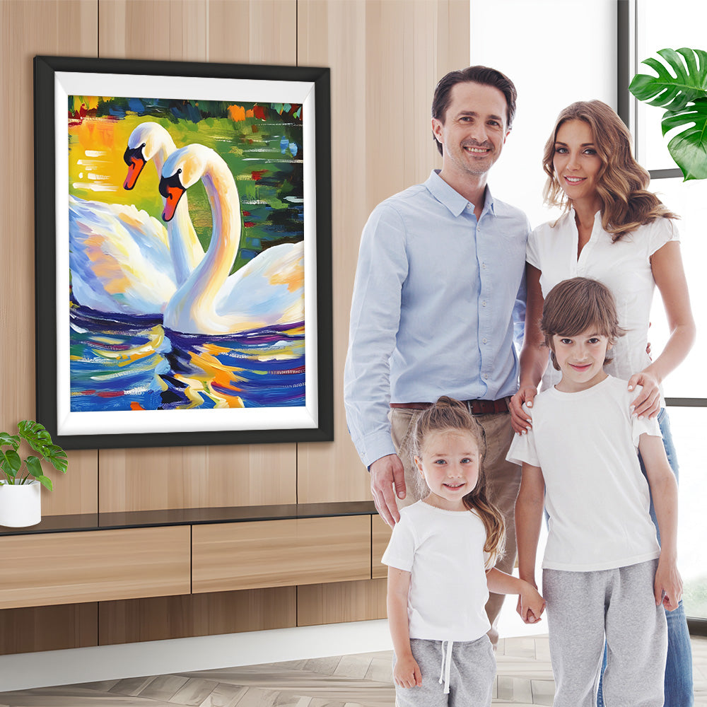 Zwei weiße Schwäne im Teich Diamond Painting
