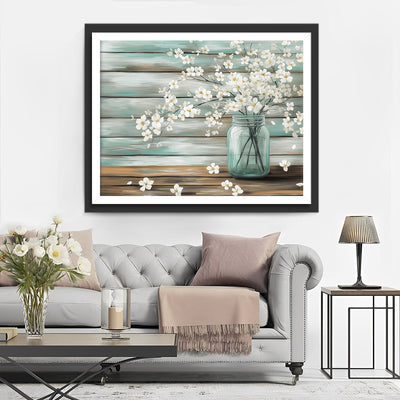 Zweige mit weißen Blumen in Glasvase Diamond Painting