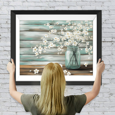 Zweige mit weißen Blumen in Glasvase Diamond Painting