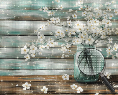 Zweige mit weißen Blumen in Glasvase Diamond Painting