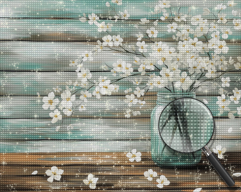 Zweige mit weißen Blumen in Glasvase Diamond Painting