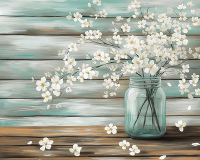 Zweige mit weißen Blumen in Glasvase Diamond Painting