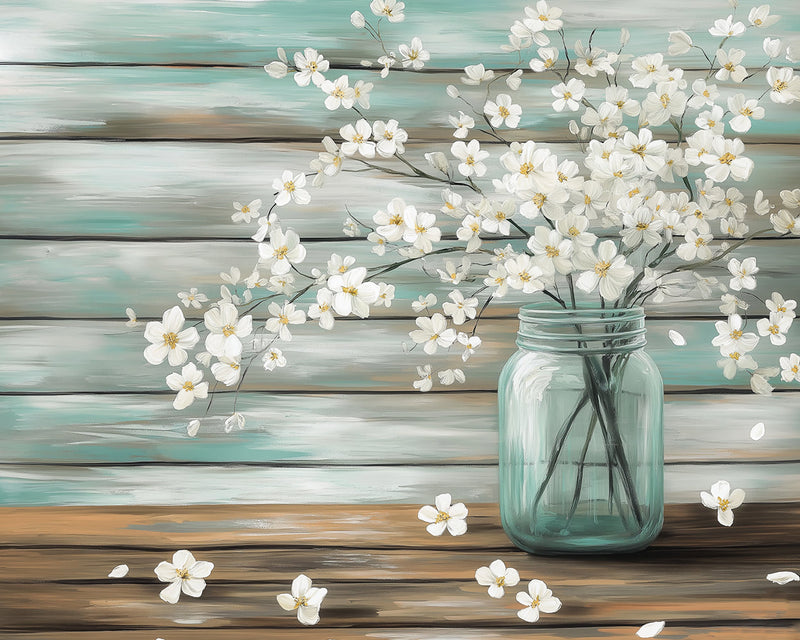 Zweige mit weißen Blumen in Glasvase Diamond Painting