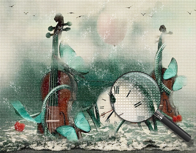 Geigen und Uhr am Meer Diamond Painting