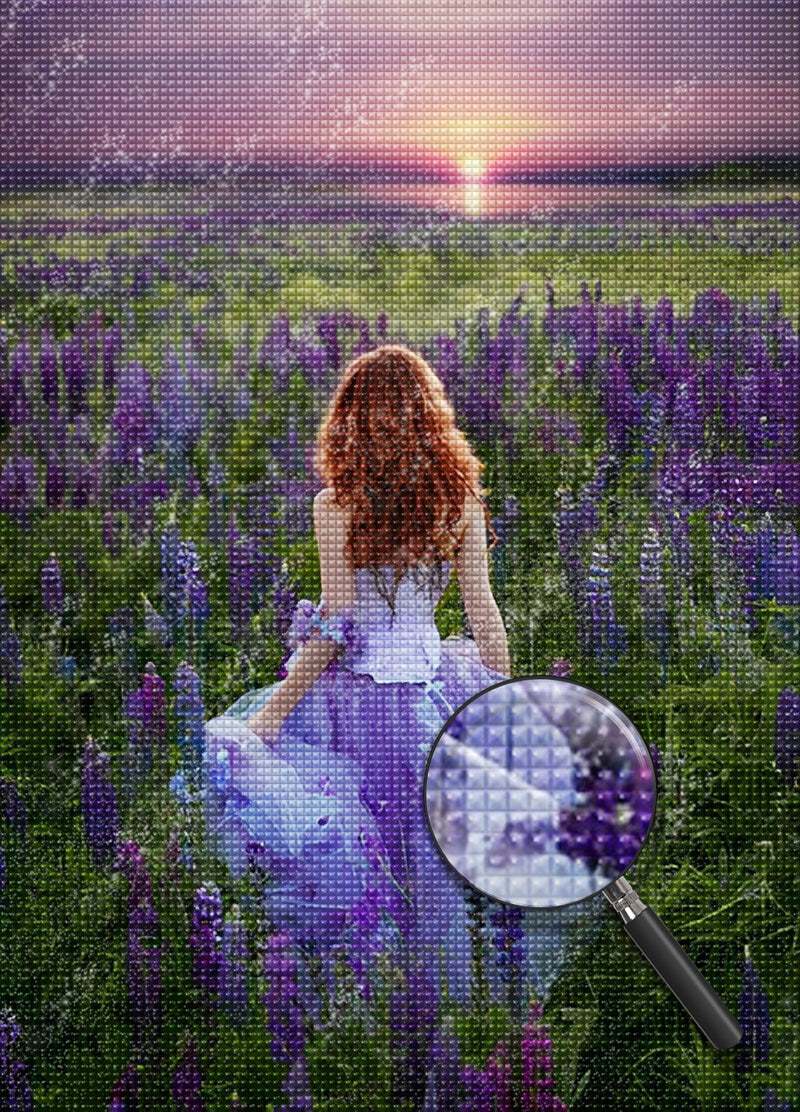 Frau im lila Kleid in Lavendel Diamond Painting