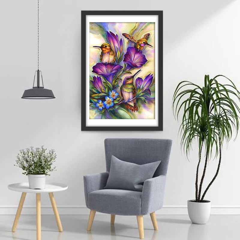 Vögel und lila Blumen Diamond Painting