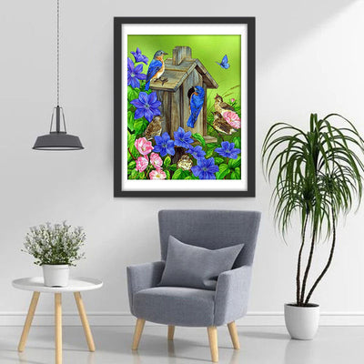 Vogelhaus und Blumen Diamond Painting